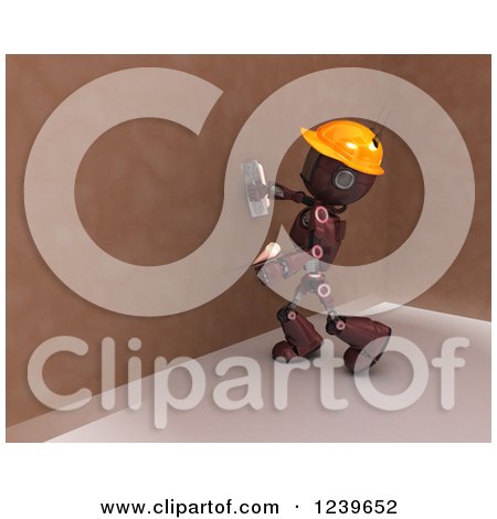 Clipart of a 3d Red Android Construction Robot Plastering a Wall - Royalty Free CGI Illustration by KJ Pargeter