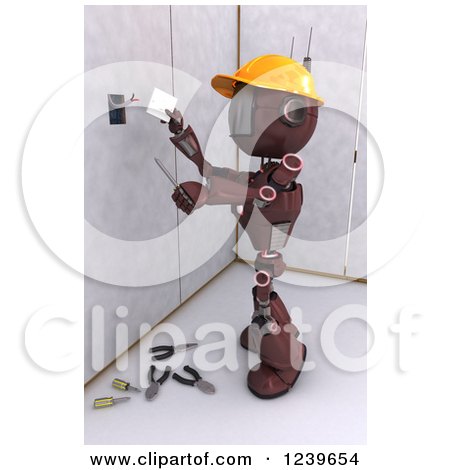 Clipart of a 3d Red Android Construction Robot Installing an Electrical Socket 2 - Royalty Free CGI Illustration by KJ Pargeter