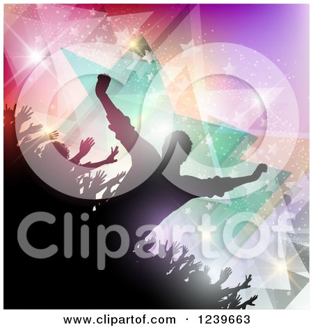 Clipart of a Silhouetted Cheering Crowd over Stars and Lights - Royalty Free Vector Illustration by KJ Pargeter