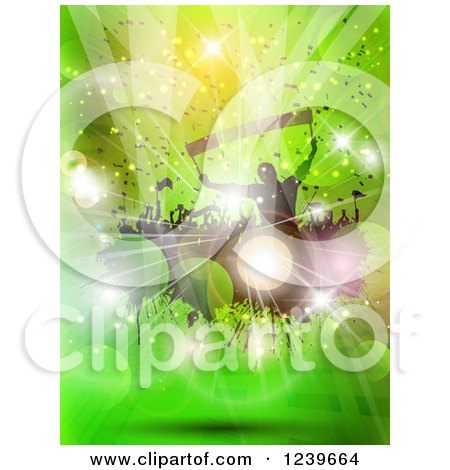 Clipart of a Silhouetted Soccer Fans with Flags and Banners over Green with Flares - Royalty Free Vector Illustration by KJ Pargeter