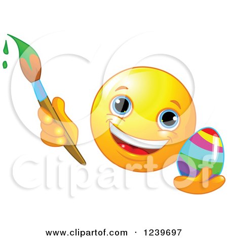 Clipart of a Happy Smiley Emoticon Painting an Easter Egg - Royalty Free Vector Illustration by Pushkin