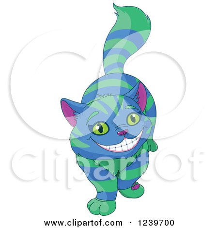 Clipart of a Green and Blue Striped Cheshire Cat Grinning - Royalty Free Vector Illustration by Pushkin
