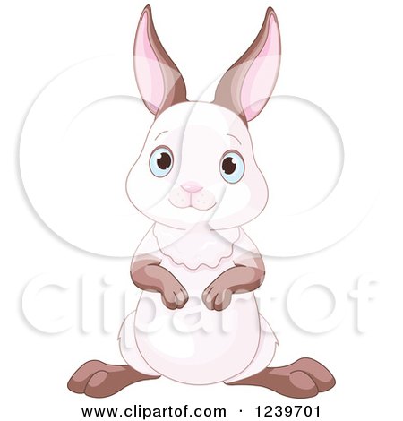 Clipart of a Cute White and Brown Alert Bunny Rabbit - Royalty Free Vector Illustration by Pushkin