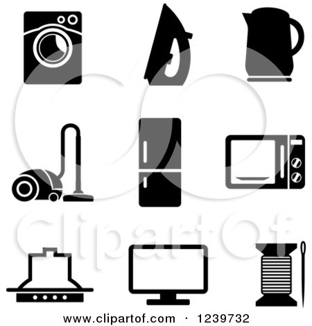 Clipart of Black and White Household Appliance Icons - Royalty Free Vector Illustration by Vector Tradition SM