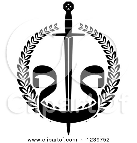 Clipart of a Black and White Sword and Banner in a Laurel Wreath - Royalty Free Vector Illustration by Vector Tradition SM