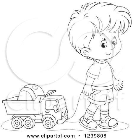 Clipart of a Black and White Boy Playing with a Dump Truck Toy - Royalty Free Vector Illustration by Alex Bannykh