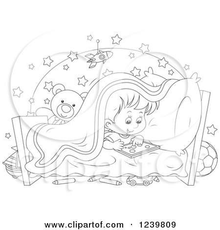 Clipart of a Black and White Boy Playing at Bed Time - Royalty Free Vector Illustration by Alex Bannykh