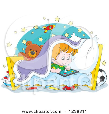Clipart of a Red Haired Caucasian Boy Playing at Bed Time - Royalty Free Vector Illustration by Alex Bannykh
