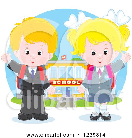 Clipart of a Blond School Boy and Girl Waving by a Building - Royalty Free Vector Illustration by Alex Bannykh