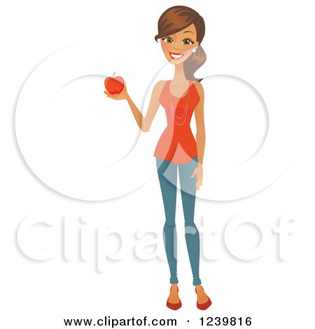 Clipart of a Brunette Woman Holding a Red Apple - Royalty Free Vector Illustration by Amanda Kate