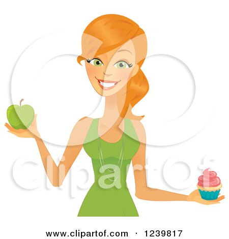 Clipart of a Caucasian Woman Holding a Cupcake and Green Apple - Royalty Free Vector Illustration by Amanda Kate