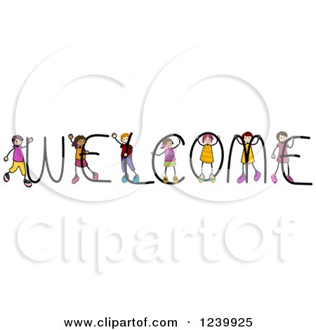 Clipart of a Diverse Happy Stick Kids Playing on the Word WELCOME - Royalty Free Vector Illustration by BNP Design Studio