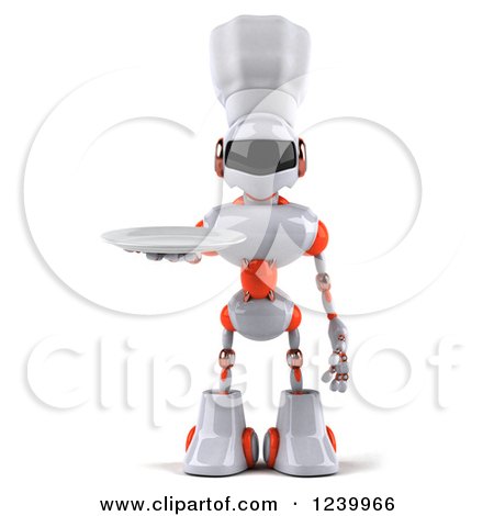 Clipart of a 3d White and Orange Male Techno Robot Chef Holding a Plate - Royalty Free Illustration by Julos