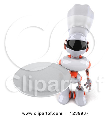 Clipart of a 3d White and Orange Male Techno Robot Chef Holding a Plate 2 - Royalty Free Illustration by Julos