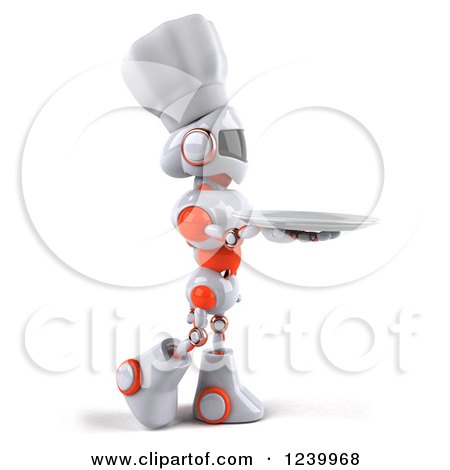 Clipart of a 3d White and Orange Male Techno Robot Chef Holding a Plate 3 - Royalty Free Illustration by Julos