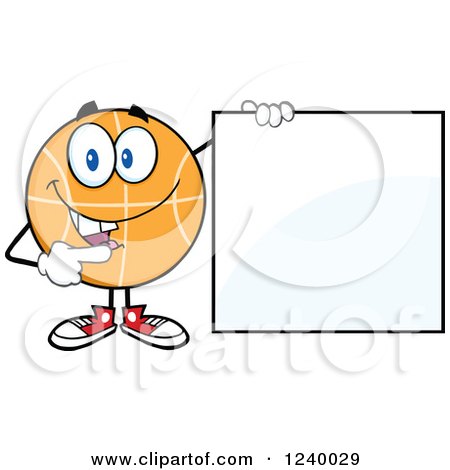 Clipart of a Basketball Mascot Holding and Pointing to a Blank Sign - Royalty Free Vector Illustration by Hit Toon