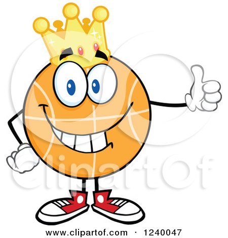 Clipart of a Basketball Mascot Wearing a Crown and Holding a Thumb up - Royalty Free Vector Illustration by Hit Toon
