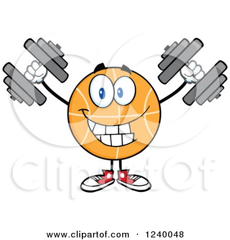 Clipart of a Basketball Mascot Working out with Dumbbells - Royalty Free Vector Illustration by Hit Toon