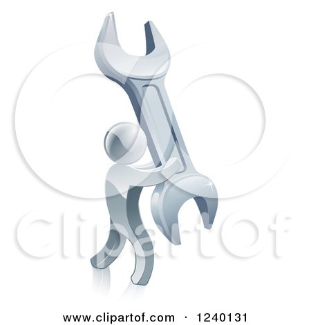 Clipart of a 3d Silver Man Carrying a Giant Spanner Wrench - Royalty Free Vector Illustration by AtStockIllustration