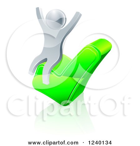 Clipart of a 3d Silver Man Cheering on a Check Mark - Royalty Free Vector Illustration by AtStockIllustration