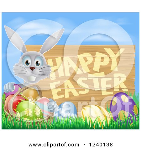 Clipart of a Happy Easter Sign with a Gray Rabbit and Eggs Against Blue Sky - Royalty Free Vector Illustration by AtStockIllustration