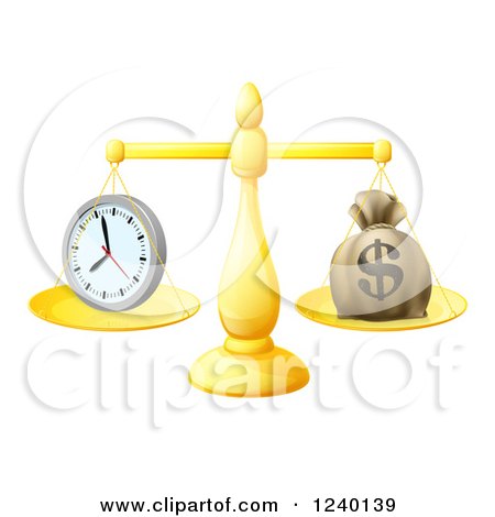 Clipart of a 3d Golden Scales Balancing a Clock and Money Bag - Royalty Free Vector Illustration by AtStockIllustration