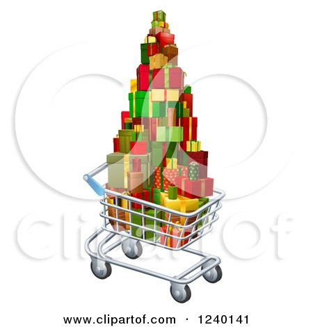 Clipart of a 3d Shopping Cart with Christmas Presents - Royalty Free Vector Illustration by AtStockIllustration