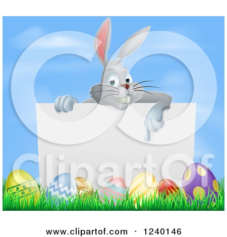 Clipart of a Gray Bunny Pointing down to a Sign with Grass and Easter Eggs - Royalty Free Vector Illustration by AtStockIllustration