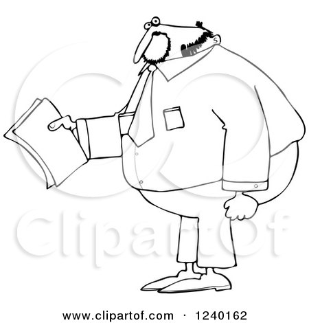 Clipart of a Black and White Chubby Businessman Holding Papers - Royalty Free Vector Illustration by djart