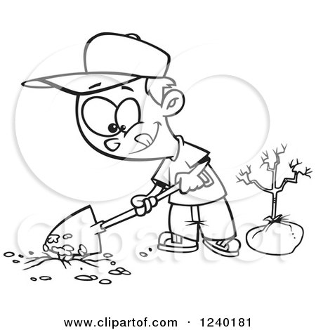 Clipart of a Black and White Boy Digging a Hole to Plant a Tree on Arbor Day - Royalty Free Vector Illustration by toonaday