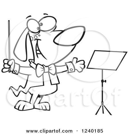Clipart of a Black and White Music Conductor Dog by a Stand - Royalty Free Vector Illustration by toonaday