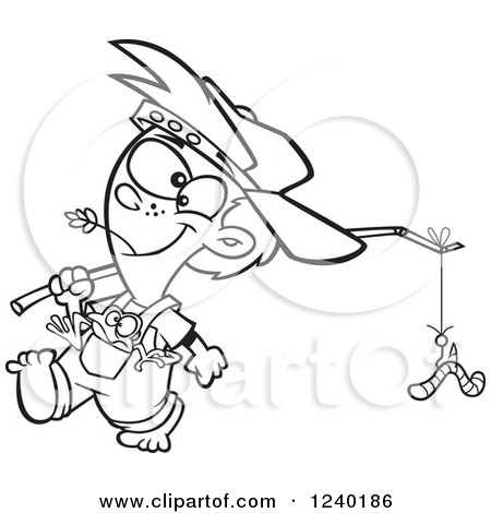 Clipart of a Black and White Country Boy Carrying a Worm on a Stick and a Frog in His Pocket - Royalty Free Vector Illustration by toonaday