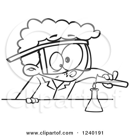 Clipart of a Black and White Boy Scientist Pouring Chemicals into a Beaker - Royalty Free Vector Illustration by toonaday