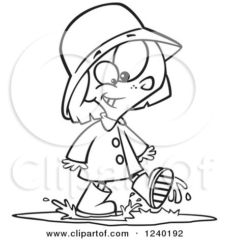 Clipart of a Black and White Happy Girl Walking Through a Puddle - Royalty Free Vector Illustration by toonaday