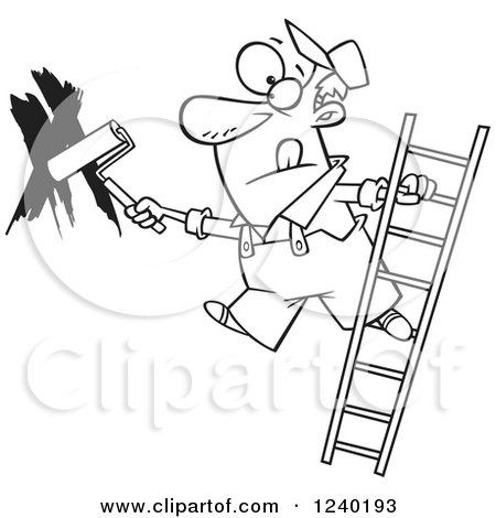 Clipart of a Black and White Man Painting a Wall and Leaning off of a Ladder - Royalty Free Vector Illustration by toonaday