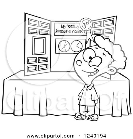 Clipart of a Black and White Proud Boy Winning First Place at a Science Fair - Royalty Free Vector Illustration by toonaday