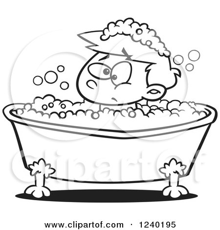 Clipart of a Black and White Grumpy Boy in a Bubble Bath - Royalty Free Vector Illustration by toonaday