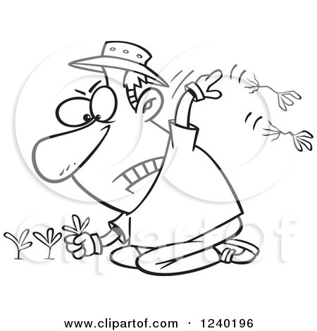 Clipart of a Black and White Mad Man Pulling Weeds - Royalty Free Vector Illustration by toonaday