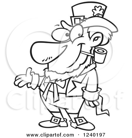 Clipart of a Black and White St Patricks Day Leprechaun Presenting - Royalty Free Vector Illustration by toonaday