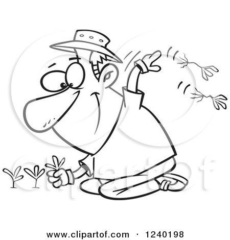 Clipart of a Black and White Happy Man Pulling Weeds - Royalty Free Vector Illustration by toonaday