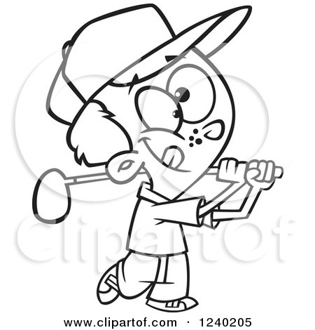 Clipart of a Black and White Boy Swinging a Golf Club - Royalty Free Vector Illustration by toonaday