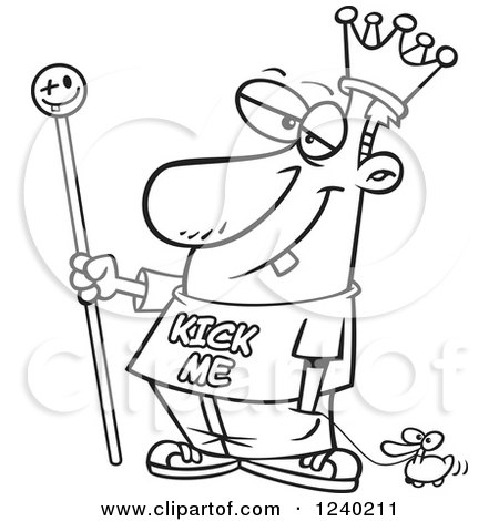 Clipart of a Black and White King Man Wearing a Kick Me Shirt and Pulling a Ducky - Royalty Free Vector Illustration by toonaday