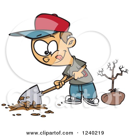 Clipart of a Caucasian Boy Digging a Hole to Plant a Tree on Arbor Day - Royalty Free Vector Illustration by toonaday