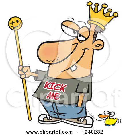 Clipart of a Caucasian King Man Wearing a Kick Me Shirt and Pulling a Ducky - Royalty Free Vector Illustration by toonaday