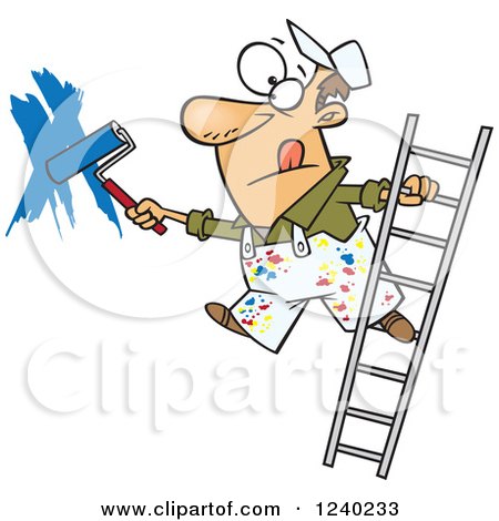 Clipart of a Caucasian Man Painting a Wall and Leaning off of a Ladder - Royalty Free Vector Illustration by toonaday