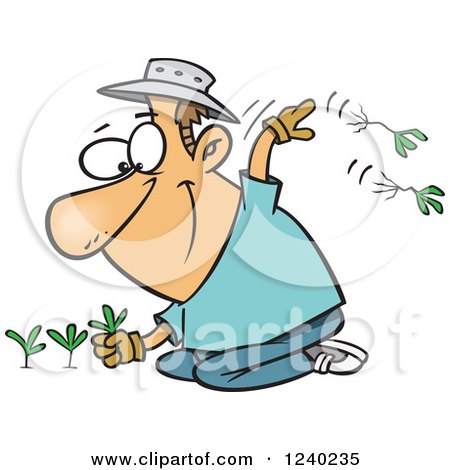 Clipart of a Happy Caucasian Man Pulling Weeds - Royalty Free Vector Illustration by toonaday