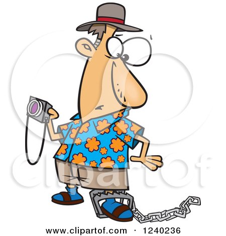 Clipart of a Caucasian Man Holding a Camera and Caught in a Tourist Trap - Royalty Free Vector Illustration by toonaday