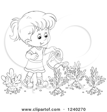 Clipart of a Happy Black and White Girl Watering a Carrot Garden - Royalty Free Vector Illustration by Alex Bannykh