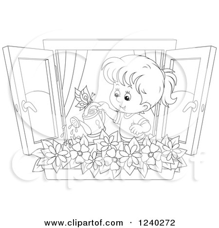 Clipart of a Black and White Girl Watering a Window Planter - Royalty Free Vector Illustration by Alex Bannykh