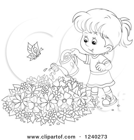 Clipart of a Happy Black and White Girl Watering a Garden - Royalty Free Vector Illustration by Alex Bannykh